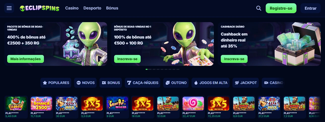Página principal do casino EclipSpins em Portugal